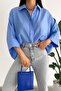 Women's Light Blue Hidden Button Comfortable Bat Sleeve Loose Oversize Shirt 50% Cotton 50% Viscose - 2