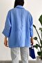 Women's Light Blue Hidden Button Comfortable Bat Sleeve Loose Oversize Shirt 50% Cotton 50% Viscose - 7