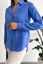 Women's Blue V-Neck Double Pocket Folding Sleeve Slim Fit Shirt - 3