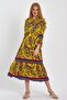Women's Yellow Patterned Button Detailed Spanish Sleeve Ethnic Authentic Dress - 3