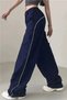 Navy Blue and White Striped Parachute Fabric Unisex Baggy Trousers with Adjustable Waist and Legs