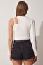 Women's White Cut Out Detailed Crop Knitted Blouse UB00090 - 3
