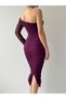 Plum Purple One Shoulder Tulle Draped Midi Dress - 2