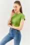 Grass Green Short Sleeve Crew Neck Fitted 100% Cotton Camisole Stretchy Crop Blouse - 6