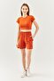 Brick Short Sleeve Crew Neck Fitted 100% Cotton Camisole Flexible Crop Blouse - 7