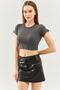 Smoked Short Sleeve Crew Neck Fitted 100% Cotton Camisole Flexible Crop Blouse - 6