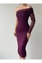 Plum Purple One Shoulder Tulle Draped Midi Dress - 4