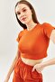 Brick Short Sleeve Crew Neck Fitted 100% Cotton Camisole Flexible Crop Blouse - 2