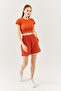Brick Short Sleeve Crew Neck Fitted 100% Cotton Camisole Flexible Crop Blouse - 3