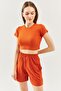 Brick Short Sleeve Crew Neck Fitted 100% Cotton Camisole Flexible Crop Blouse - 4