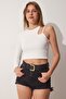 Women's White Cut Out Detailed Crop Knitted Blouse UB00090 - 2