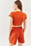 Brick Short Sleeve Crew Neck Fitted 100% Cotton Camisole Flexible Crop Blouse - 5