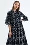 Women's Black Magnetic Collar Buttoned Lined Short Flounce Sleeve Wide Cut Embroidery Dress - 2