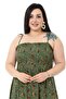 Large Size Rope Strap Long Green Dress with Frill on the Chest and Elastic - 2