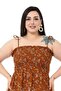 Large Size Rope Strap Brown Long Dress with Frill on the Chest and Elastic - 5