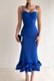 Atlas Fabric Chest Filled Skirt Flounces Midi Length Pencil Cutout Cobalt Blue Evening Dress 161
