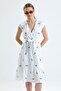 Women's Brown Lined Belted Floral Embroidered Sleeveless Double Breasted Brode Dress - 2
