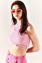 Women's Candy Pink Waist Low-cut Lycra Crop Blouse BLZ-19002321 - 5