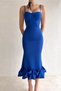 Atlas Fabric Chest Filled Skirt Flounces Midi Length Pencil Cutout Cobalt Blue Evening Dress 161 - 5