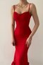 Atlas Fabric Chest Filled Midi Length Pencil Cut Red Evening Dress with Flounced Skirt 161 - 6