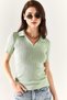 Women's Mint Green Polo Neck Corded Knitwear Blouse BLZ-19001833 - 4