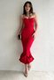 Atlas Fabric Chest Filled Midi Length Pencil Cut Red Evening Dress with Flounced Skirt 161 - 5