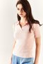 Women's Powder Polo Neck Corded Knitwear Blouse BLZ-19001833 - 3
