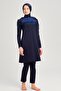 Water Tulle Detailed Navy Blue Lycra 5 Piece Hijab Swimsuit Set - 2