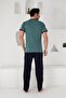 Short Sleeve, Six Long Spacers, Pockets, Three Buttons, Green Color Men's Pajamas Set - 4