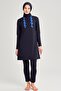 Water Laser Cut Detailed Navy Blue Lycra 5 Piece Hijab Swimsuit Set - 3