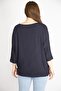 Women's Navy Blue Large Size Capri Sleeve Blouse with Crew Neck 65n36315 - 4