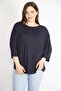 Women's Navy Blue Large Size Capri Sleeve Blouse with Crew Neck 65n36315 - 6