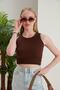 Brown Fitted Wide Piping Halter Neck Ribbed Stretchy Knitted Crop Blouse - 3