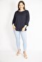 Women's Navy Blue Large Size Capri Sleeve Blouse with Crew Neck 65n36315 - 5