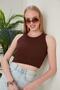 Brown Fitted Wide Piping Halter Neck Ribbed Stretchy Knitted Crop Blouse - 5