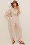 Women's Beige Double Breasted Collar Linen Jumpsuit with Belt at Waist ALC-X10443