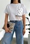 Women's White Crew Neck Tasseled Stone-Embroidered Cotton T-shirt - 6