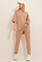 Women's Dark Beige Crew Neck Side Slit T-Shirt and Double Pocket Trousers Crepe Knitted ALC-X10464 - 2