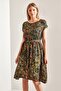 Women's Khaki Short Sleeve Ethnic Pattern Elastic Waist Midi Length Dress 10041008 - 5