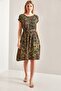Women's Khaki Short Sleeve Ethnic Pattern Elastic Waist Midi Length Dress 10041008 - 4