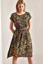 Women's Khaki Short Sleeve Ethnic Pattern Elastic Waist Midi Length Dress 10041008
