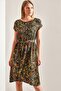Women's Khaki Short Sleeve Ethnic Pattern Elastic Waist Midi Length Dress 10041008 - 2