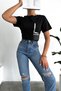 Women's Black Crew Neck Pocket Sequin and Tassel Embroidered Design 100% Cotton T-Shirt - 6