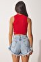 Women's Red Blue 2-Piece Halter Neck Corded Crop Knitted Blouse CE00077 - 4