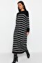 Black Sleeves Button Detailed Striped Knitwear Dress TCTAW24EB00002 - 4