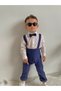 Navy Blue Dotted Cotton Salopet Suit Classic Long Sleeve Shirt with Bow Tie - 3