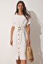 Women's Cream Belted Summer Linen Viscose Dress DD01234 - 4