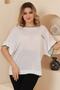 Women's Ecru Green Boat Neck Short Sleeve Fine Knitwear Blouse - 4