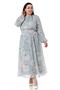 Plus Size Waist and Sleeve Elastic Belted Chiffon Lined Long Water Green Dress - 5