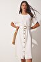 Women's Cream Belted Summer Linen Viscose Dress DD01234 - 3